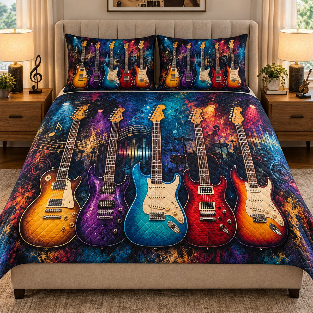 Colorful Electric Guitar Quilt Set mockup 1