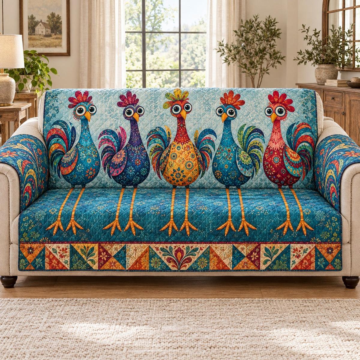 Colorful Rooster Sofa Cover mockup 1