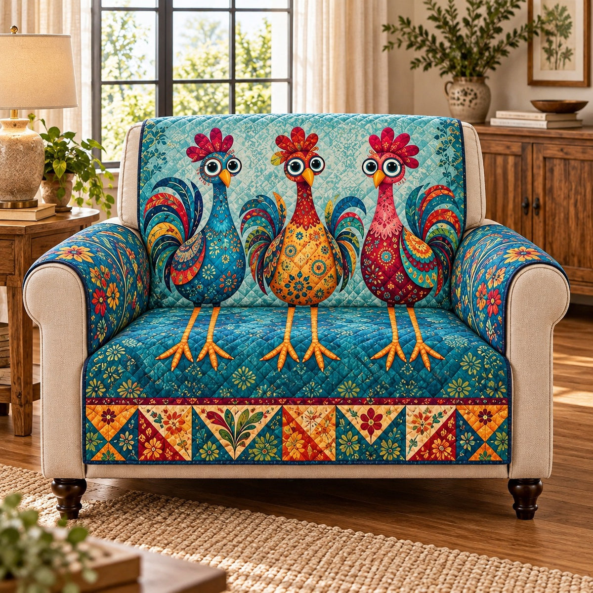 Colorful Rooster Sofa Cover mockup 2