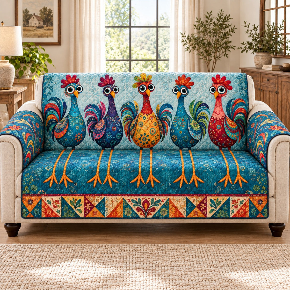 Colorful Rooster Sofa Cover mockup 3