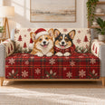 Corgi Christmas Sofa Cover, Festive Plaid Couch Protector Holiday Gift
