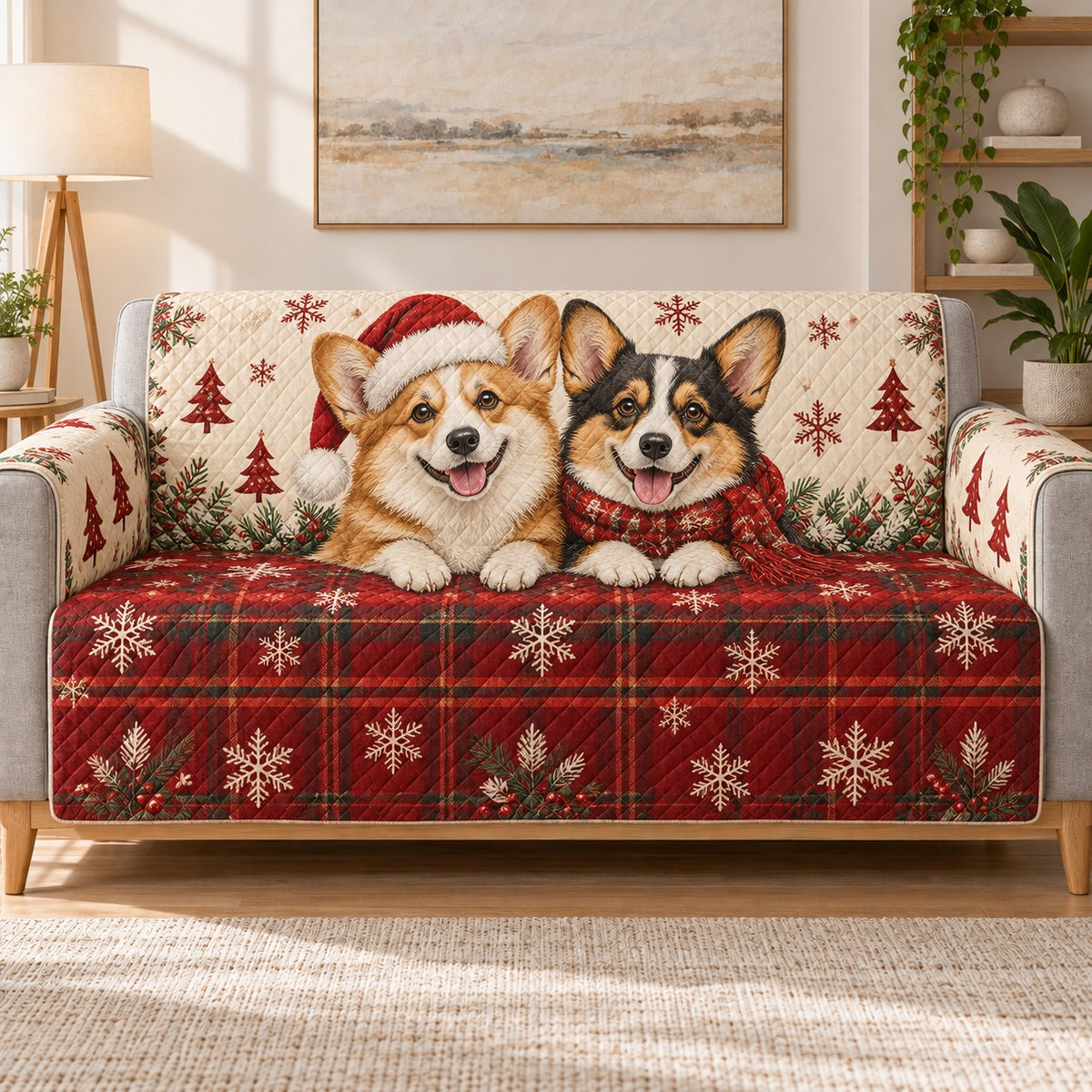Corgi dogs in Santa hats Christmas plaid quilted sofa cover on a couch, AI-generated product mockup
