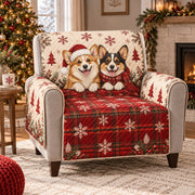 Festive Corgi Christmas plaid quilted sofa cover on an armchair, AI-generated product mockup