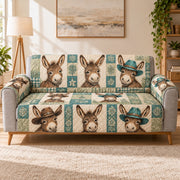 Donkey western hat patchwork quilted sofa cover on a couch, AI-generated product mockup