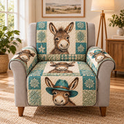 Smiling donkey western patchwork quilted sofa cover on an armchair, AI-generated product mockup