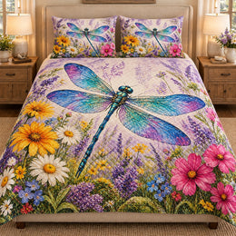 Dragonfly Wildflower Quilt Set, Colorful Garden Bedding Gift for Her