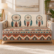 Dreamcatcher and Southwest geometric quilted sofa cover on a couch, AI-generated product mockup