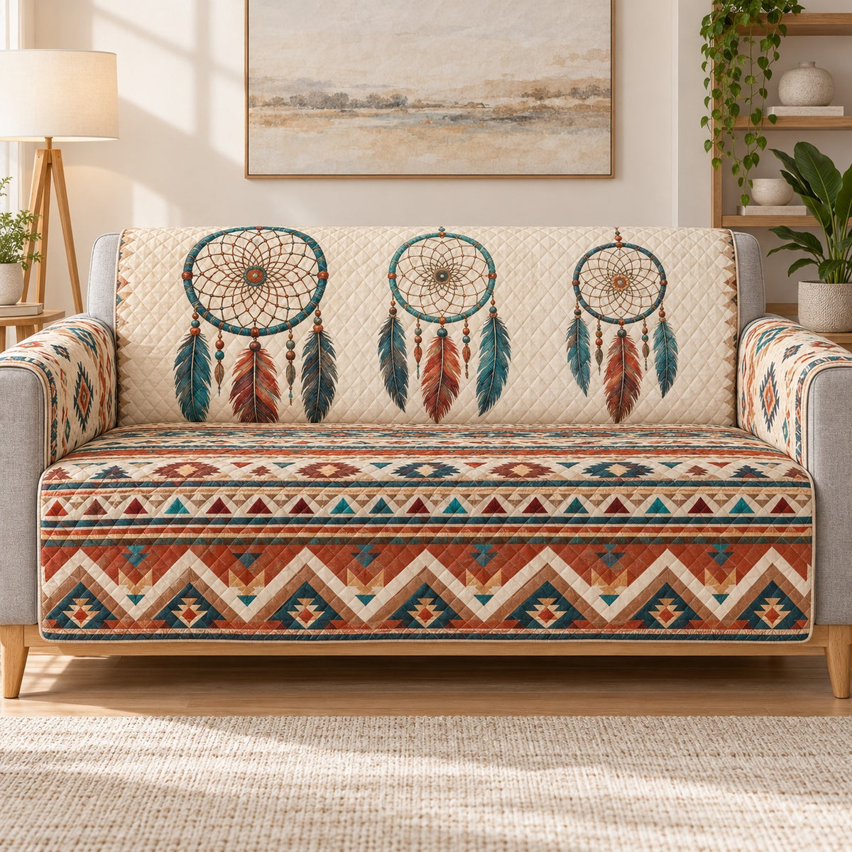 Dreamcatcher and Southwest geometric quilted sofa cover on a couch, AI-generated product mockup