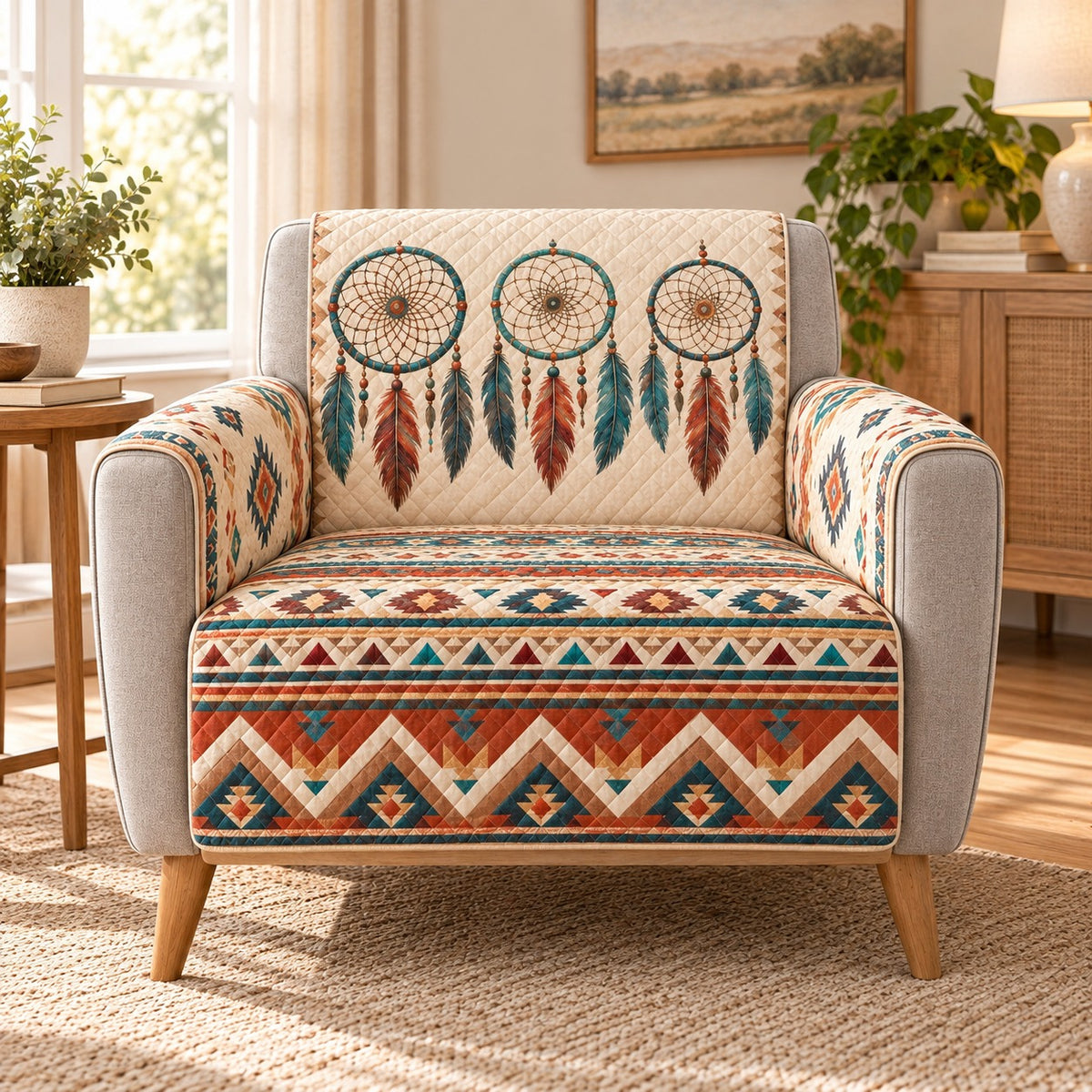Dreamcatcher and feather Southwest quilted sofa cover on an armchair, AI-generated product mockup
