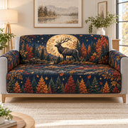 Elk under full moon in autumn forest quilted sofa cover on a couch, AI-generated product mockup