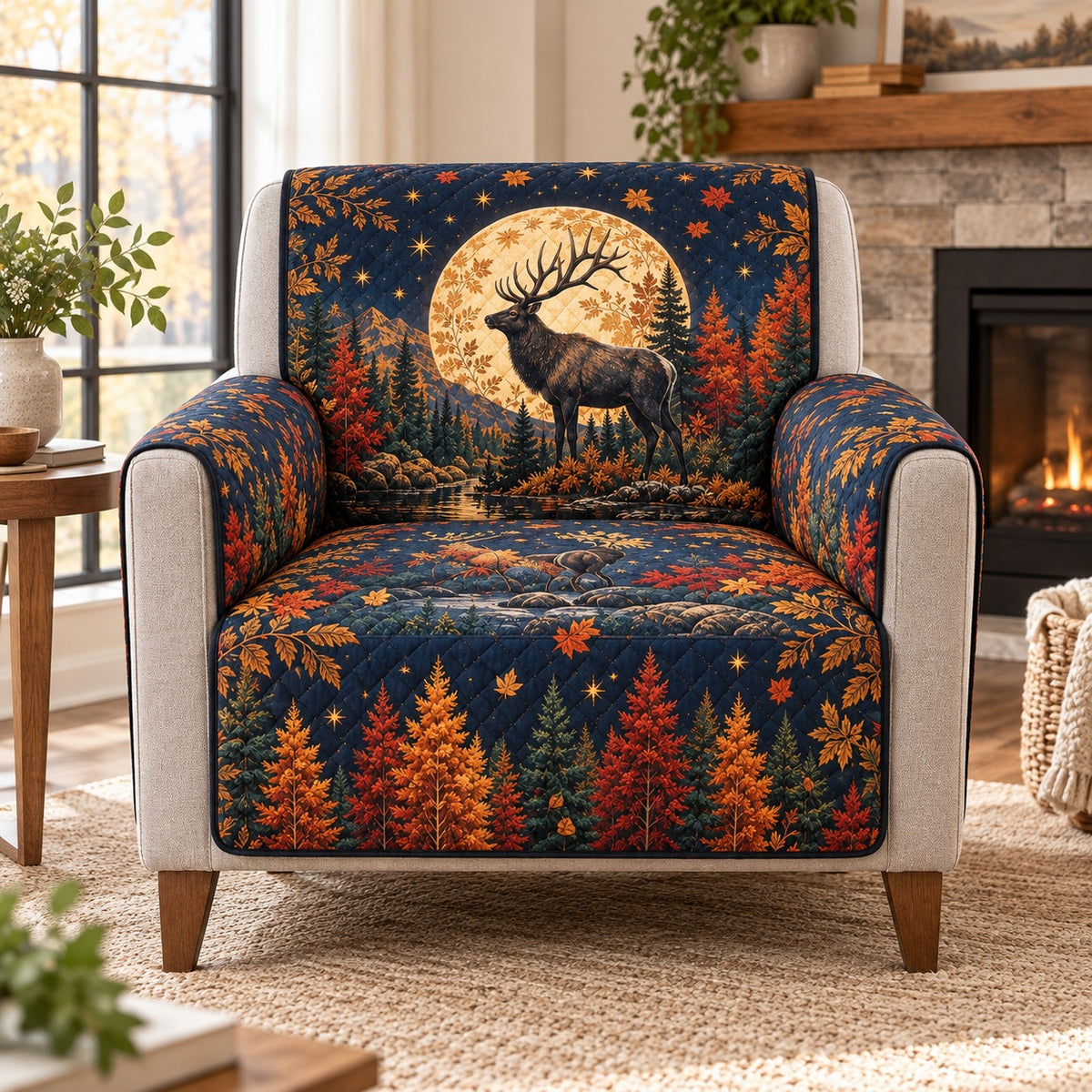 Elk under full moon in autumn forest quilted sofa cover on an armchair, AI-generated product mockup