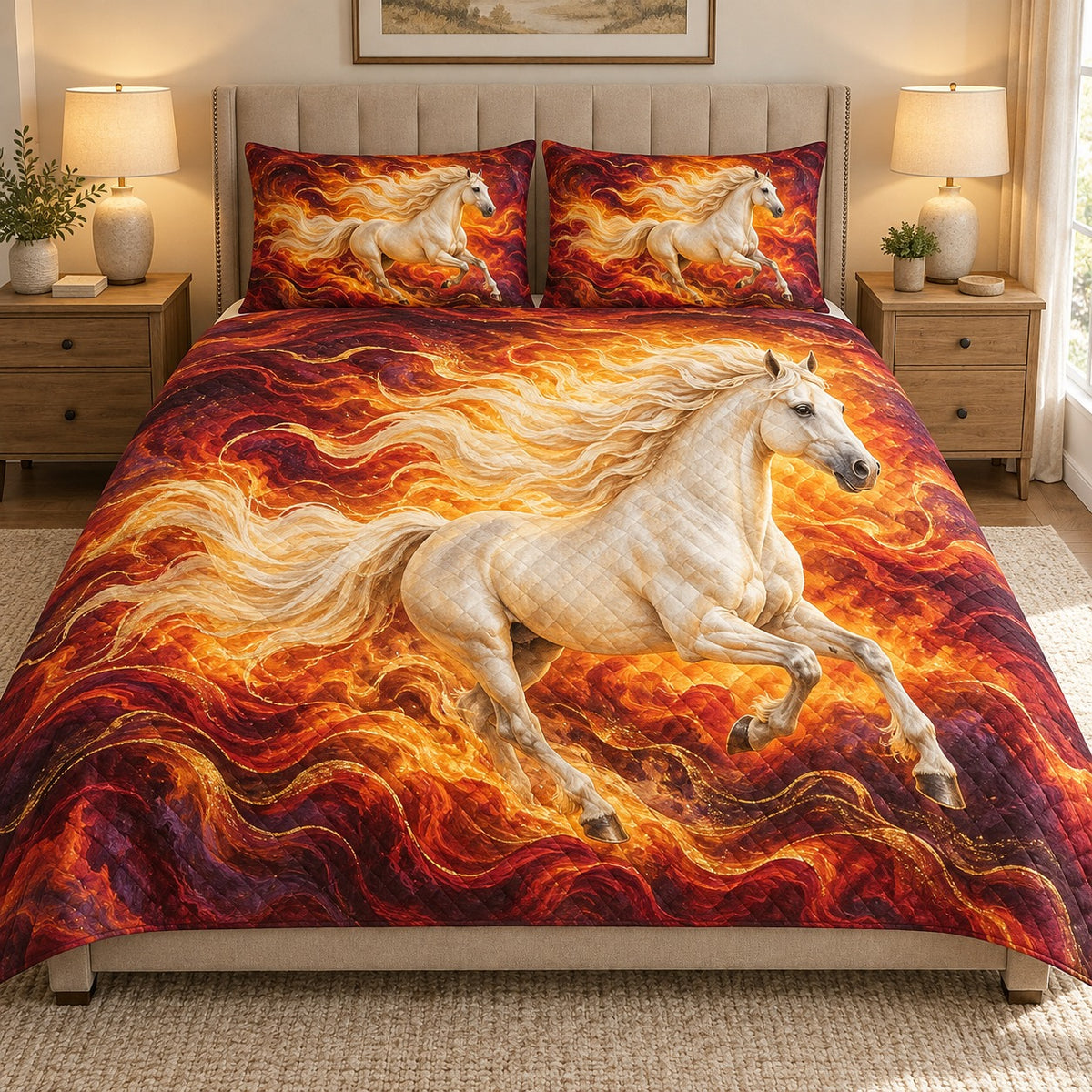 Flaming White Horse Quilt Set – Fiery Equestrian Bedding Gift for Horse Lovers