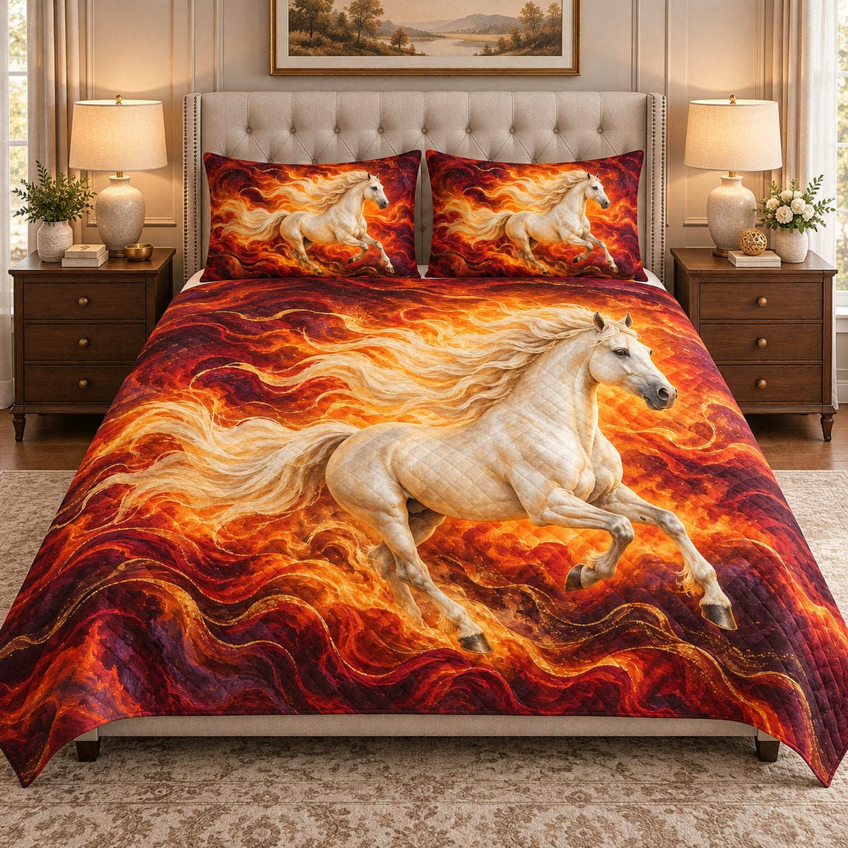 Flaming White Horse Quilt Set mockup 2
