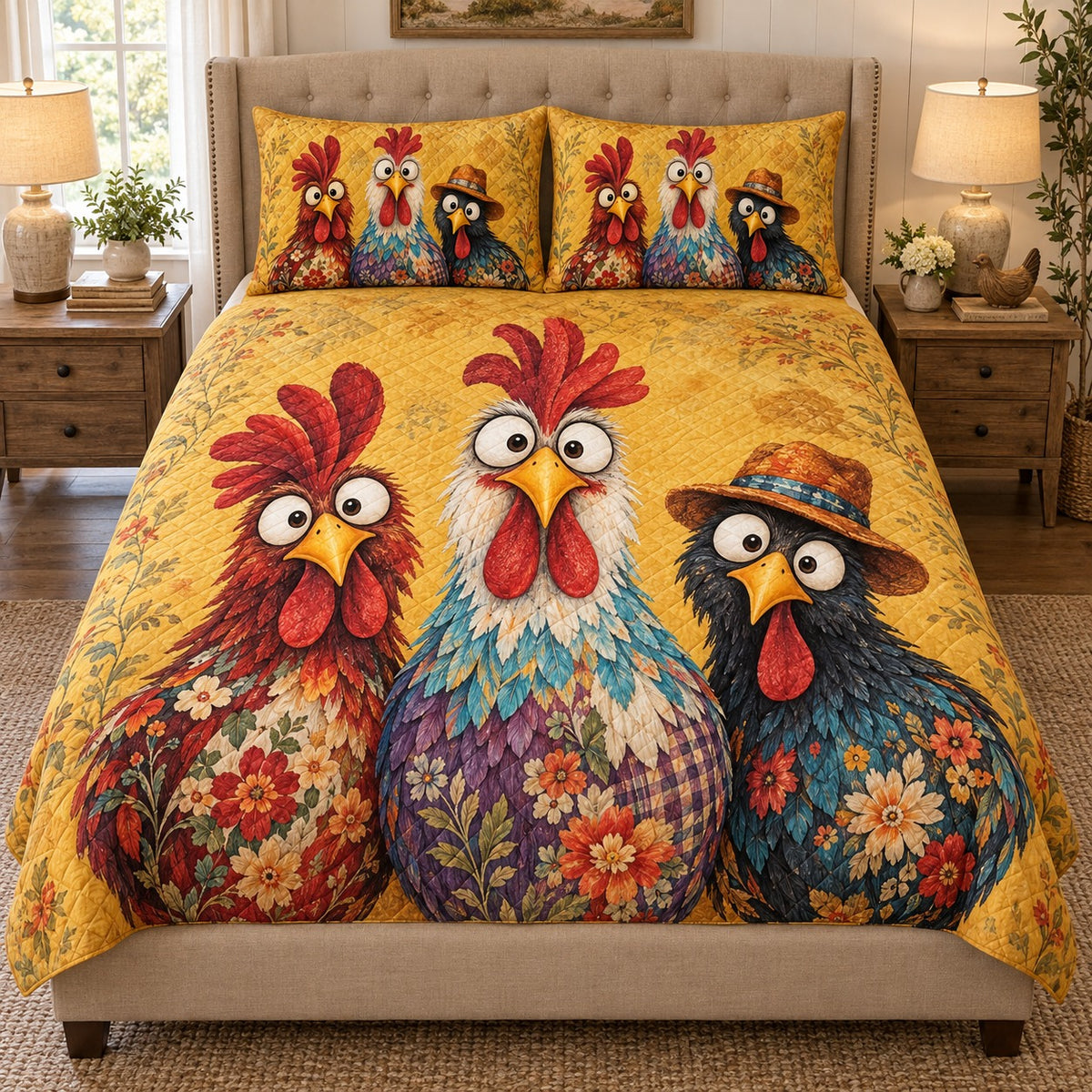 Funny Chicken Floral Quilt Set, Farmhouse Bedding Gift for Hen Lovers