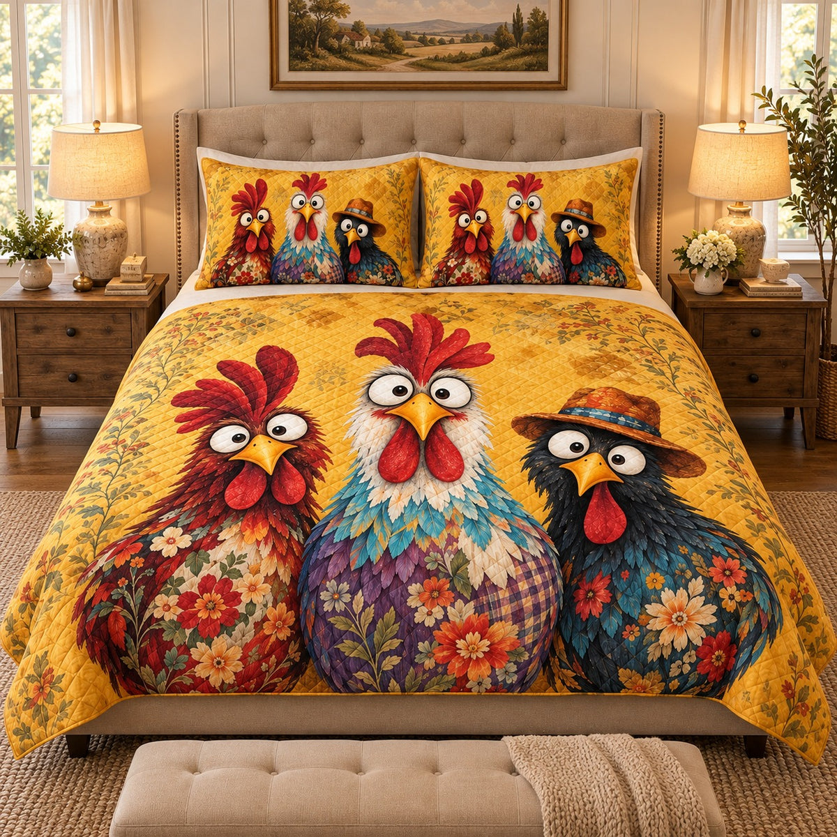 Funny Chicken Floral Quilt Set mockup 2