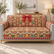 Gingerbread cookies candy and red bow quilted sofa cover on a couch, AI-generated product mockup