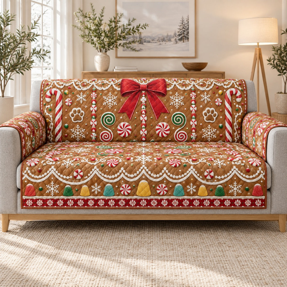 Gingerbread cookies candy and red bow quilted sofa cover on a couch, AI-generated product mockup