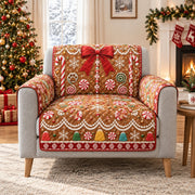Gingerbread cookies candy and red bow quilted sofa cover on an armchair, AI-generated product mockup