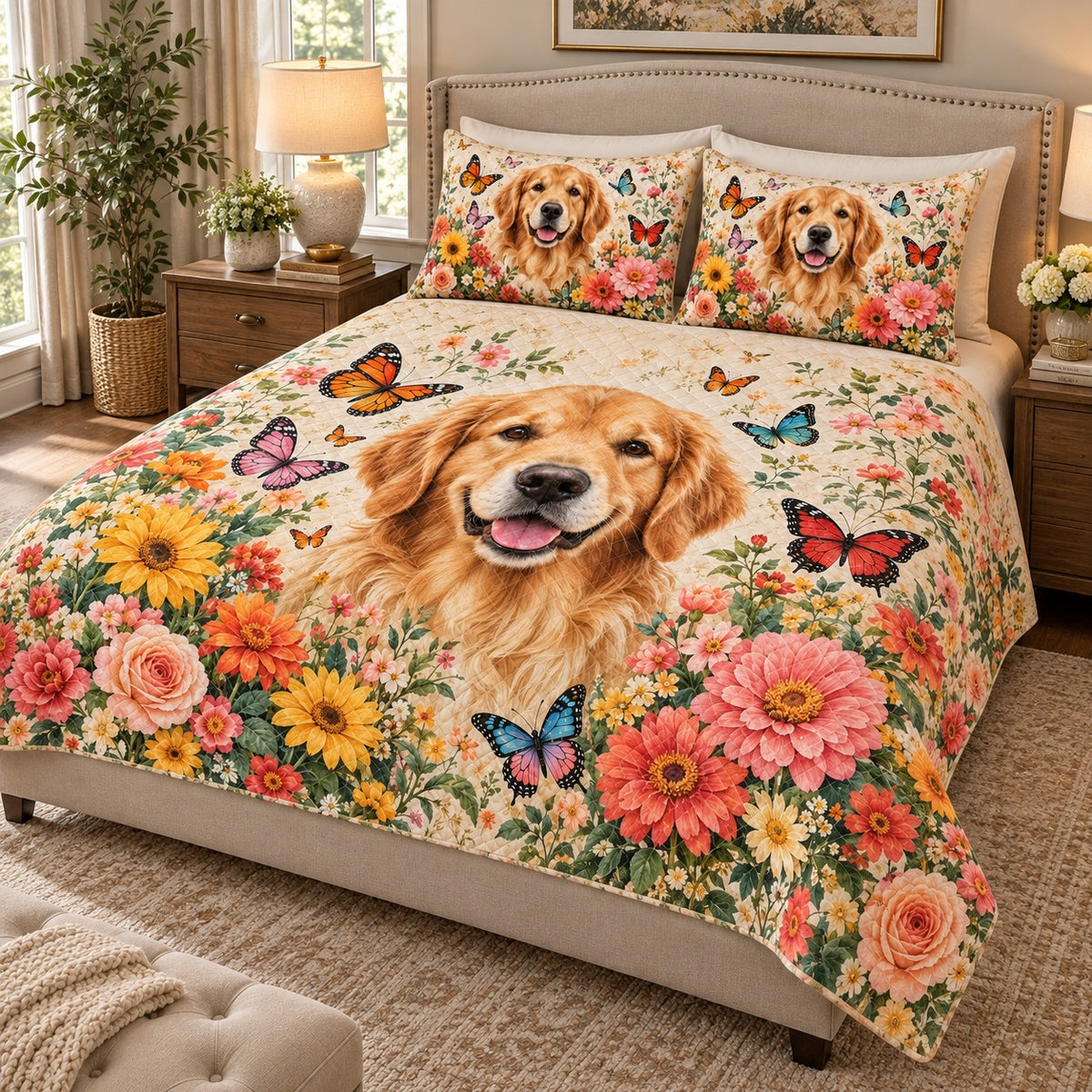 Golden Retriever Garden Quilt Set mockup 2