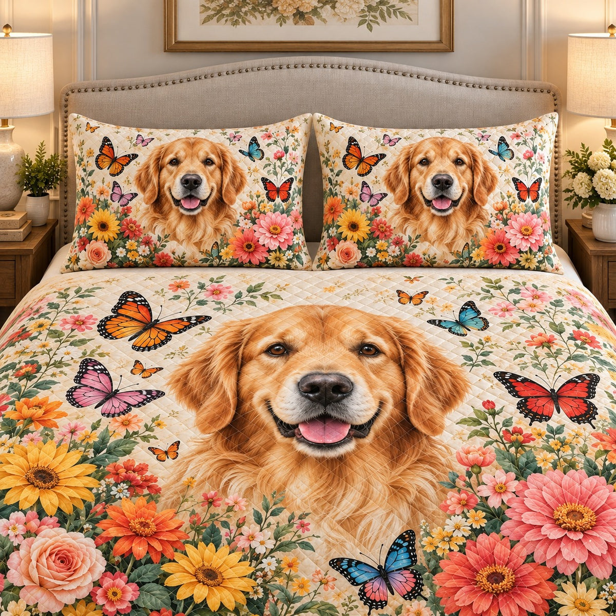 Golden Retriever Garden Quilt Set mockup 3