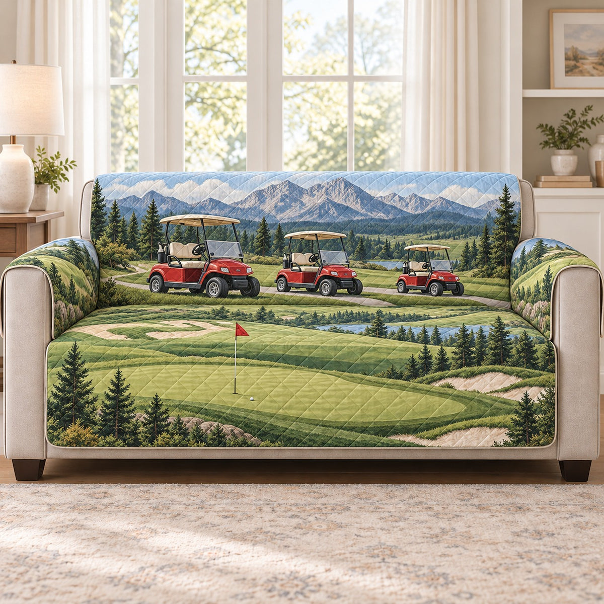 Golf Course Sofa Cover, Fairway Couch Protector Gift for Golf Lovers