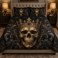 Gothic Crowned Skull Quilt Set, Dark Baroque Bedding Gift for Him