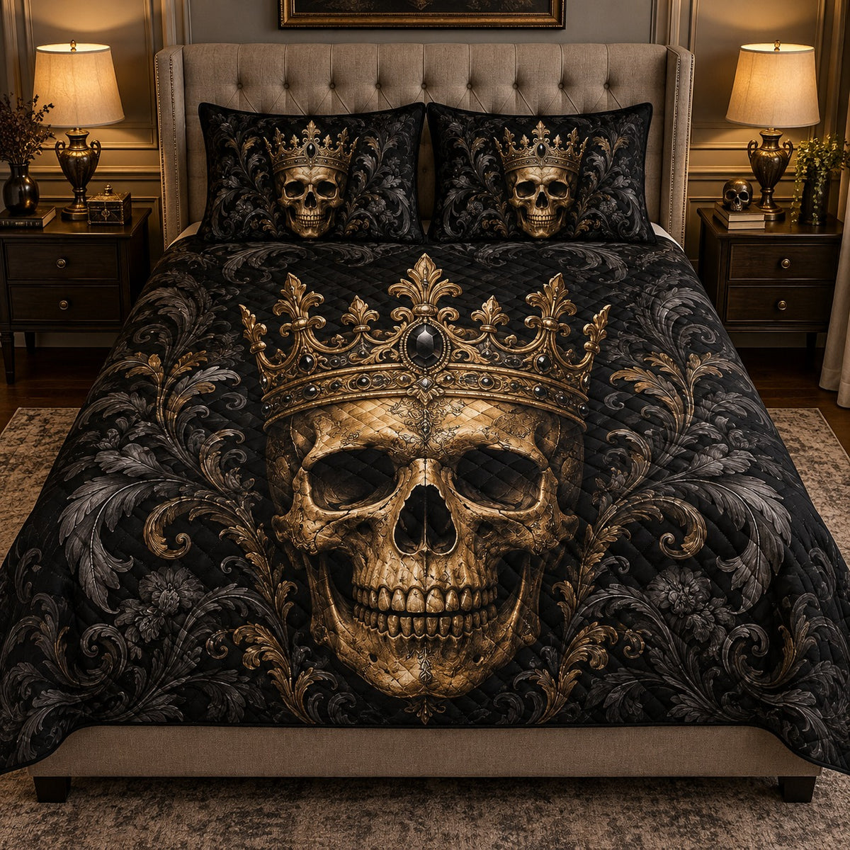 Gothic Crowned Skull Quilt Set mockup 1