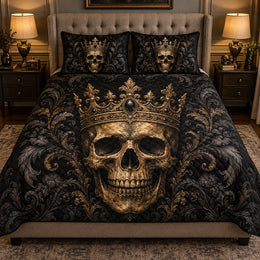 Gothic Crowned Skull Quilt Set, Dark Baroque Bedding Gift for Him