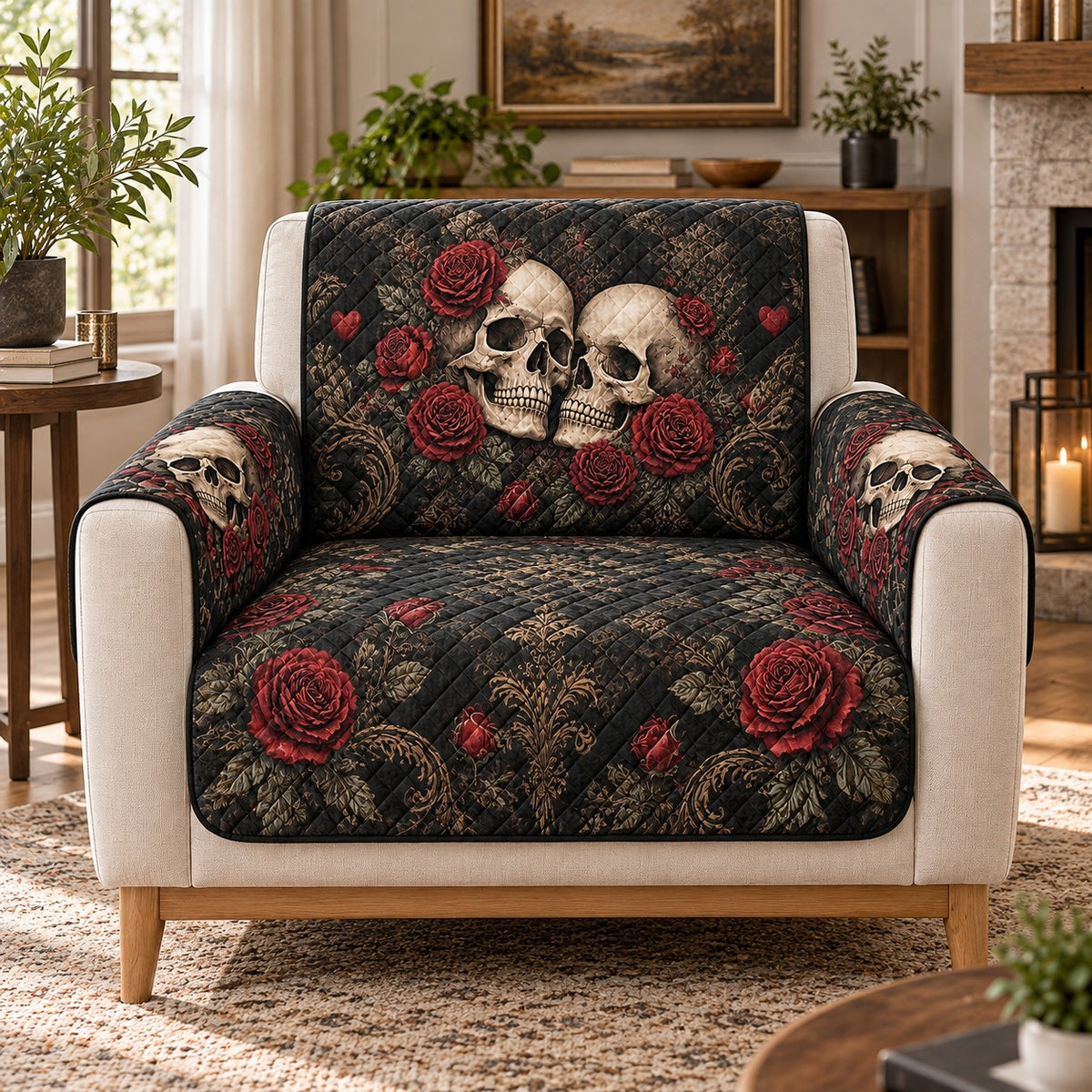 Gothic skull and red rose quilted sofa cover on an armchair, AI-generated product mockup
