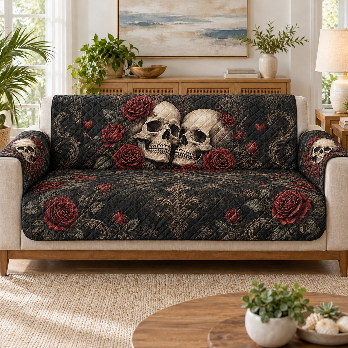 Gothic skull couple and red rose quilted sofa cover on a couch, AI-generated product mockup
