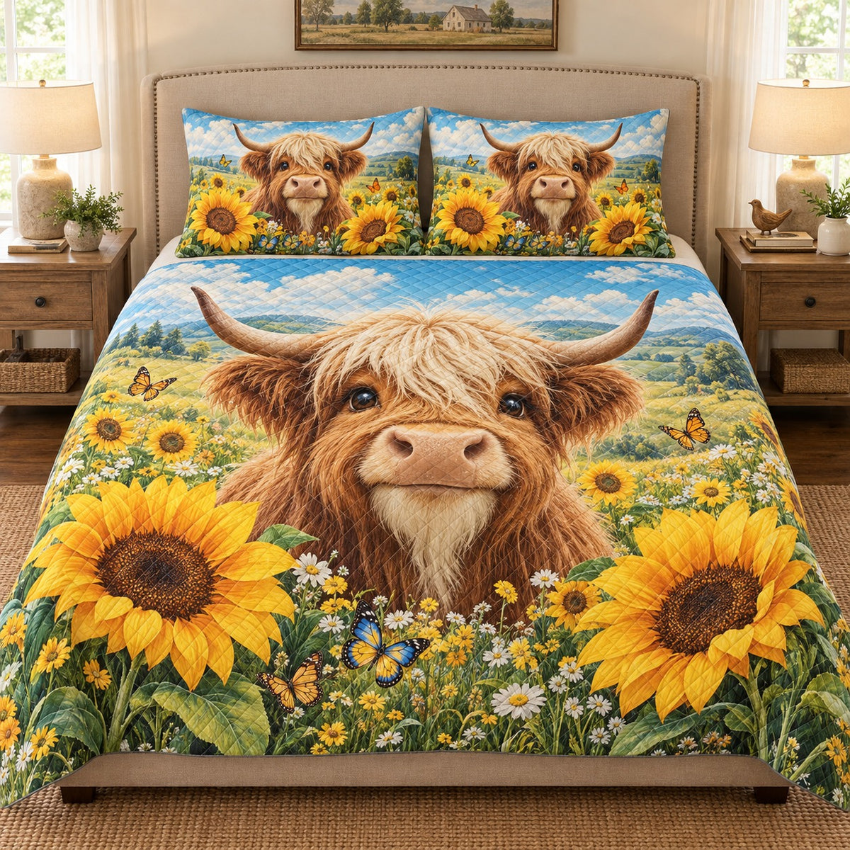 Highland Cow Sunflower Quilt Set mockup 1