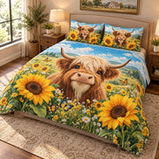 Highland Cow Sunflower Quilt Set mockup 2
