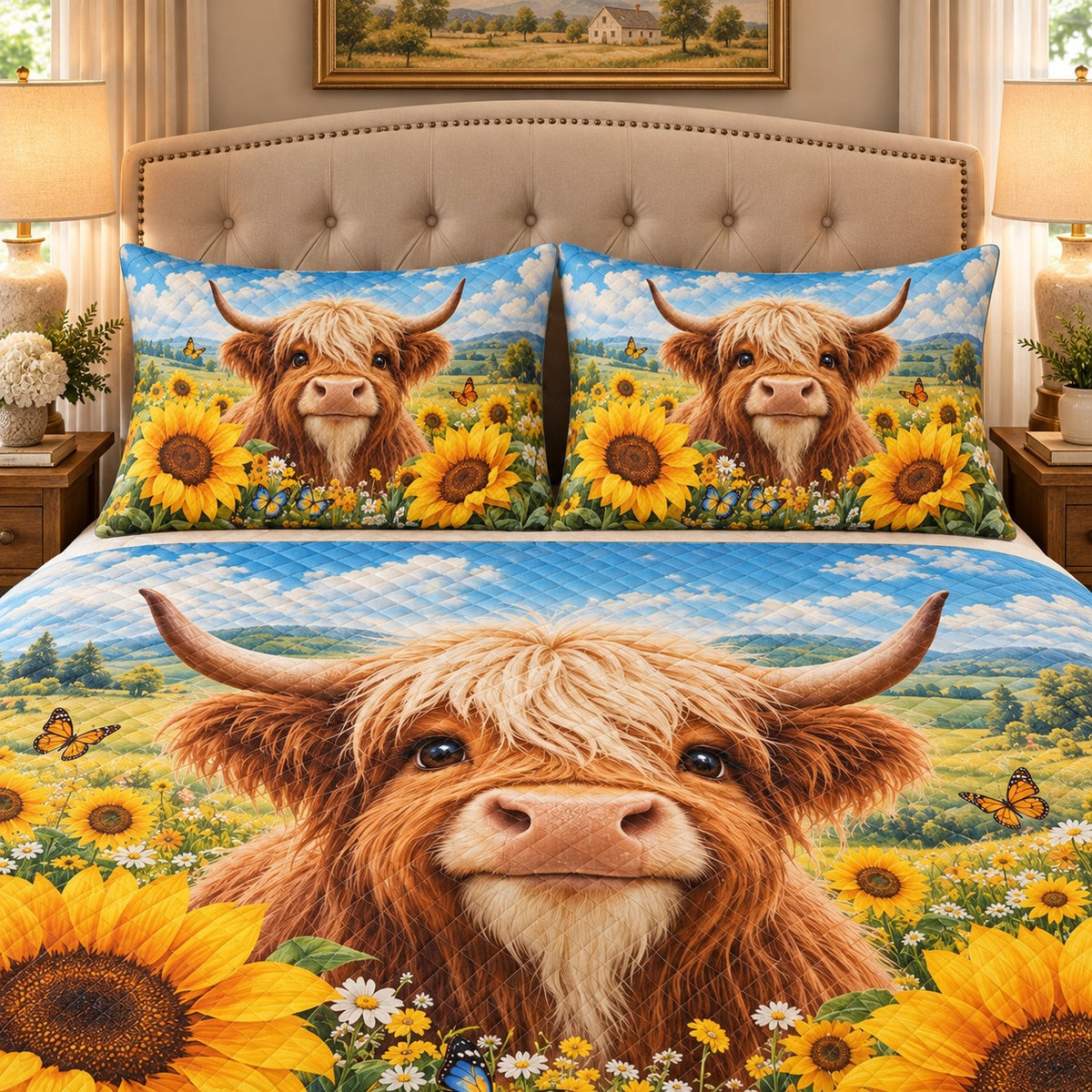 Highland Cow Sunflower Quilt Set mockup 3
