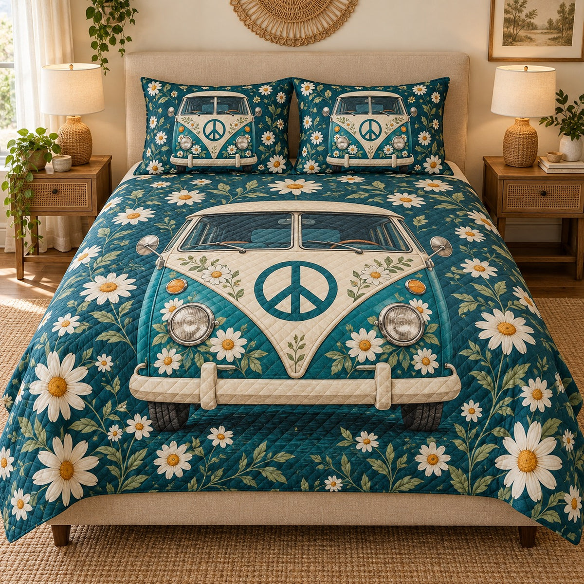 Hippie Peace Van & Daisy Quilt Set mockup 1