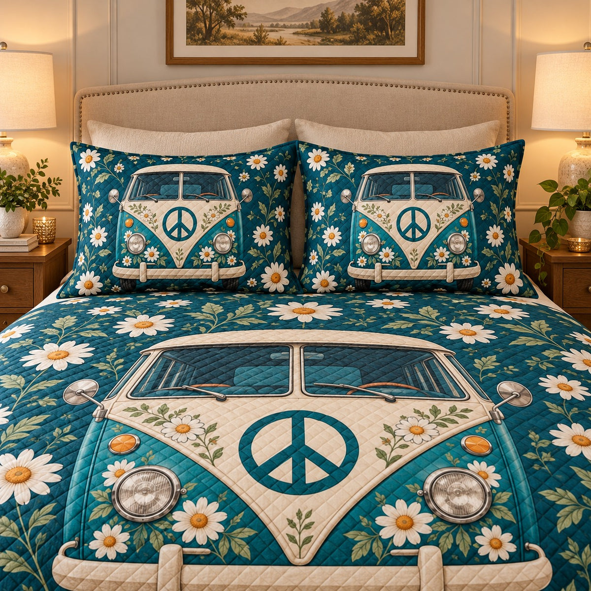 Hippie Peace Van & Daisy Quilt Set mockup 3