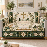 Jesus Way Truth Life Bible dove and cross quilted sofa cover on a couch, AI-generated product mockup