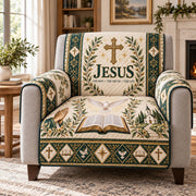 Jesus Way Truth Life Bible dove and cross quilted sofa cover on an armchair, AI-generated product mockup