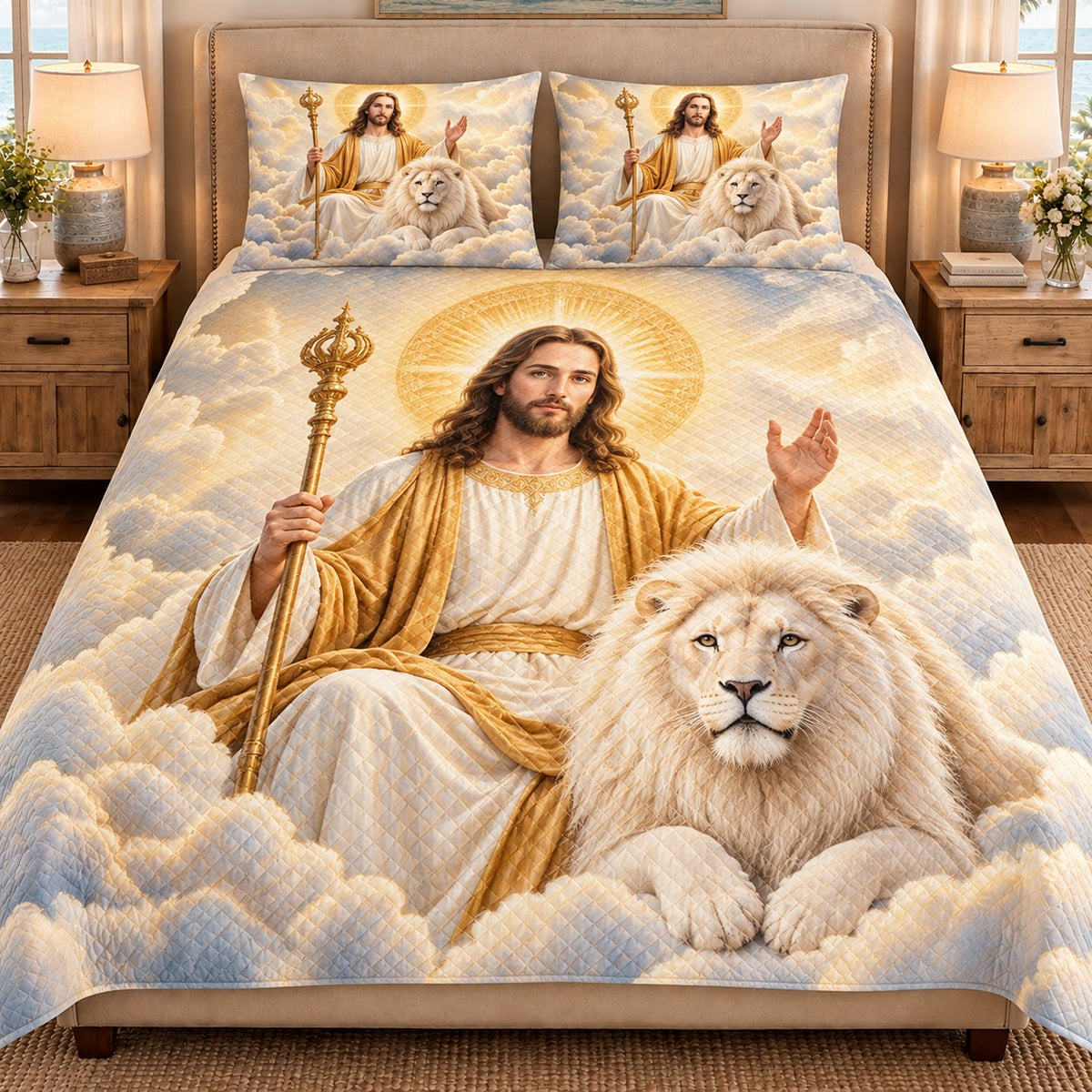 Jesus and White Lion Quilt Set, Christian Faith Bedding Gift
