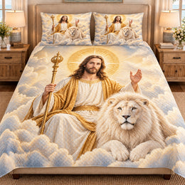 Jesus and White Lion Quilt Set, Christian Faith Bedding Gift