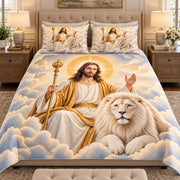 Jesus and White Lion Quilt Set mockup 2