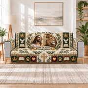 King of Kings Lion of Judah Christian quilted sofa cover on a couch, AI-generated product mockup