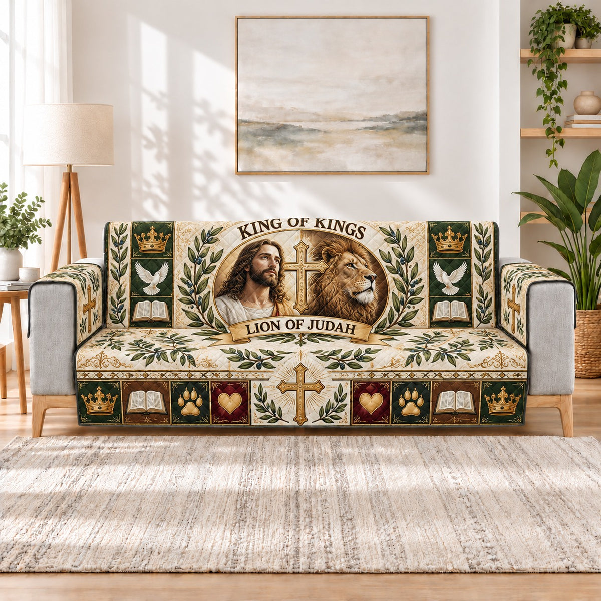 King of Kings Lion of Judah Christian quilted sofa cover on a couch, AI-generated product mockup