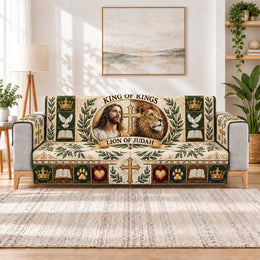 King of Kings Sofa Cover, Lion of Judah Christian Couch Protector Faith Gift