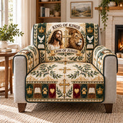 King of Kings Lion of Judah Christian quilted sofa cover on an armchair, AI-generated product mockup