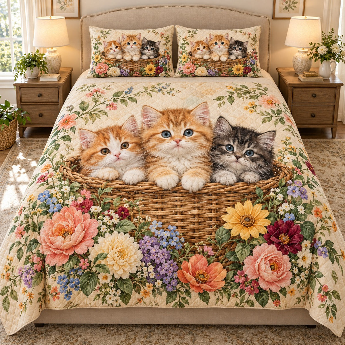 Kittens in a Flower Basket Quilt Set, Cute Cat Lover Bedding Gift