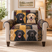 Labrador retriever portrait patchwork quilted sofa cover on an armchair, AI-generated product mockup