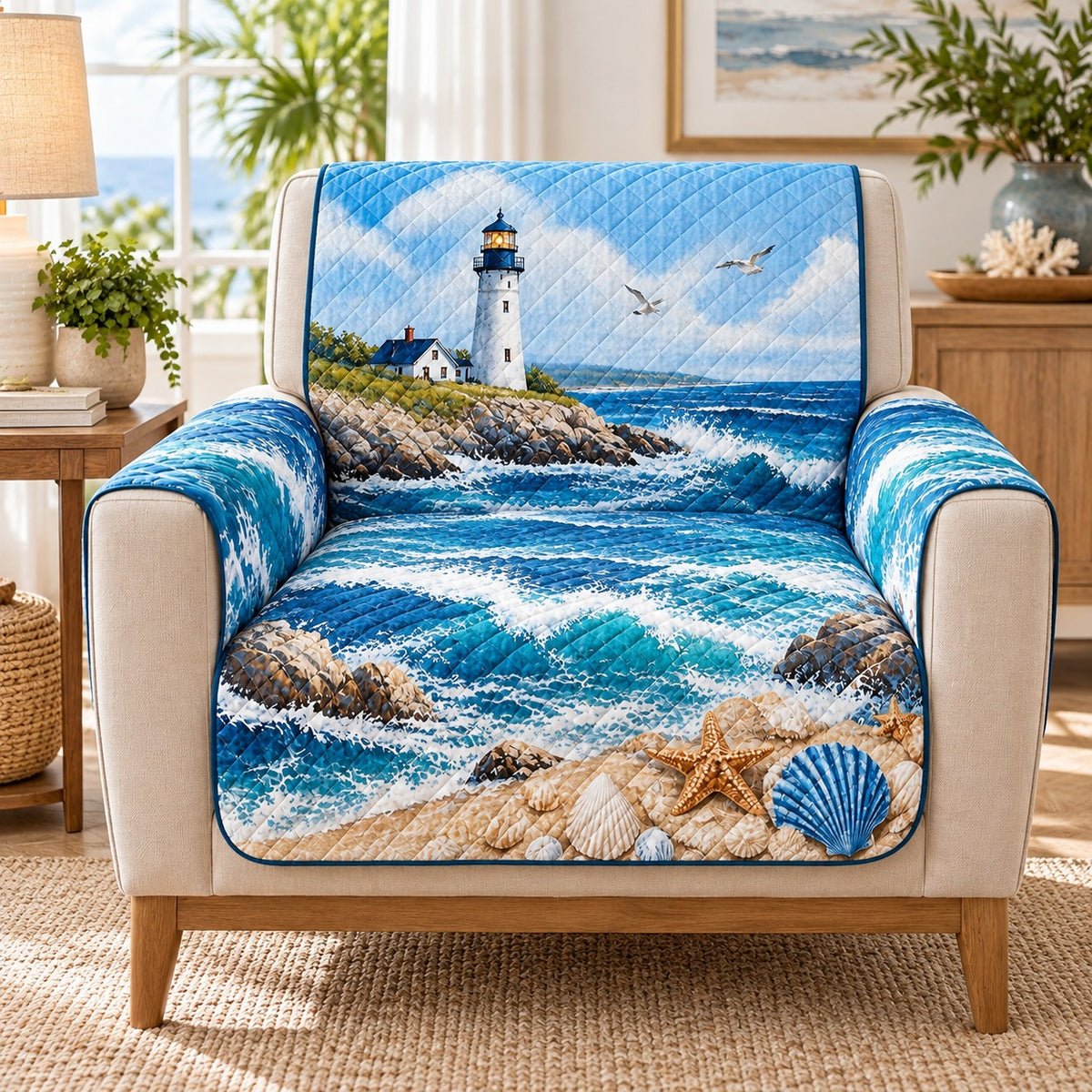 Coastal lighthouse ocean wave quilted sofa cover on an armchair, AI-generated product mockup
