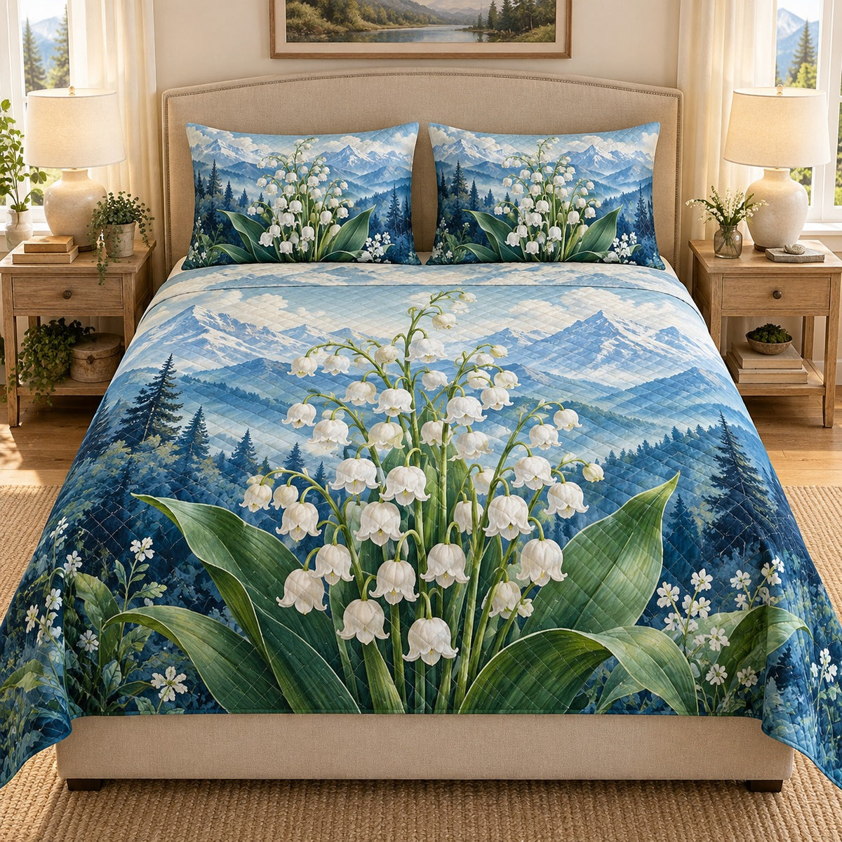 Lily of the Valley Mountain Quilt Set, Floral Nature Bedding Gift
