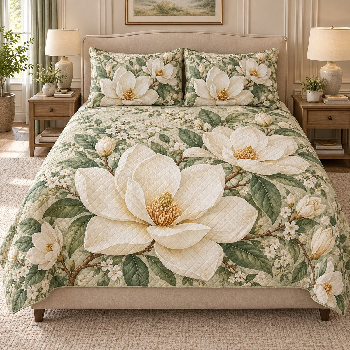 Elegant Magnolia Floral Quilt Set mockup 1