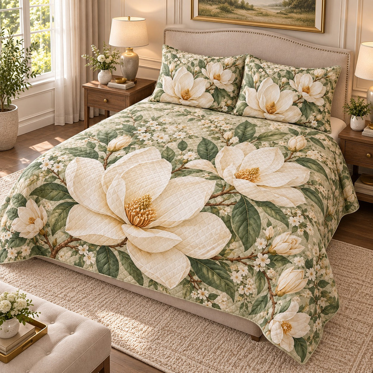 Elegant Magnolia Floral Quilt Set mockup 2